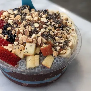 Acai and Blue Chia Pudding base, hemp granola, all fruits, chia seeds &amp; almond topping