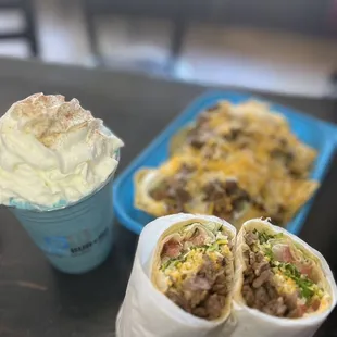 Blue Horchata Shake, Surf -N-Turf Burrito, Large Campechana Chips