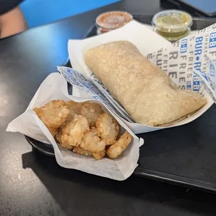 Chorizo breakfast burrito &amp; tater tots