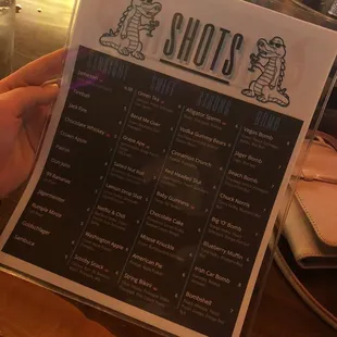 a menu for shots