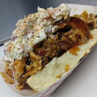 Huli Chicken on Kings Hawaiian rolls! Served Huli Huli sauce and pineapple coleslaw!