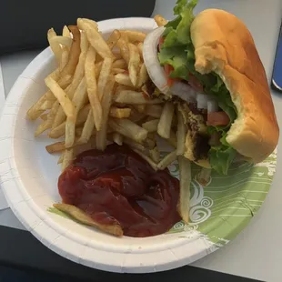 Cheese burger and fries on our fancy plates.