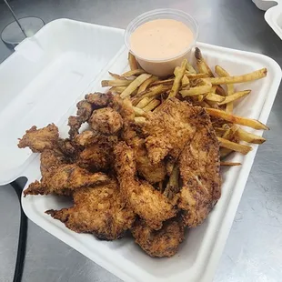 House brined chix strips and fresh cut fries!