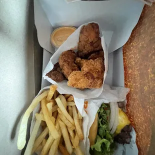 Cheeseburger, Chicken Tenders, Fries