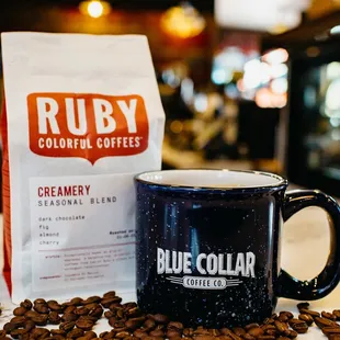 coffee beans and a bag of coffee