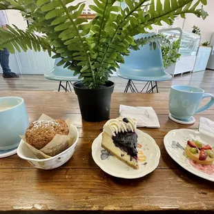 Zucchini bread, blueberry cheesecake and fruit tart which was a treat to us from the owner...