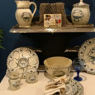 a display of blue and white china