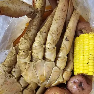 Snow crab, red potatoes, corn cob