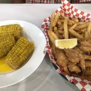 Fried shrimp &amp; fries - delicious  Corn on the cob - flavorless