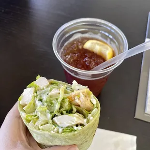 Chicken Caesar Wrap (so goood!) and iced tea.