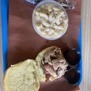 Pulled pork sandwich (no slaw) and small side of mac and cheese.