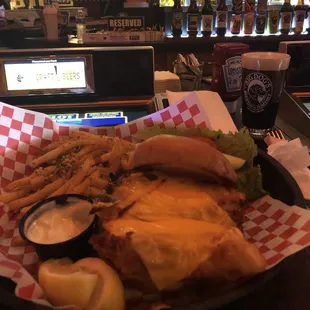 Fish sandwich, garlic fries, black lab stout