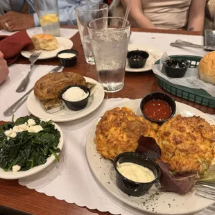 Crab cake Suateed Spinach with Garlic, Feta, and Olive Oil baked potatoes