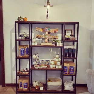 a shelf with various items on it