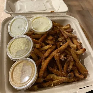 House cut fries, assortment of sauces