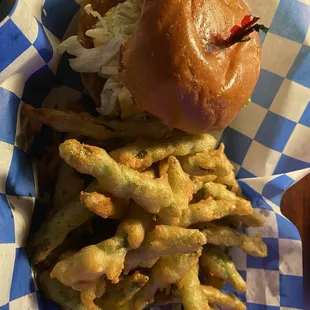 The Cease and Desist Blucy burger with deep fried green beans.