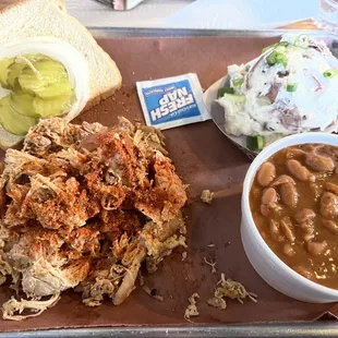 Pulled Chicken Plate with potato salad and ranch beans.