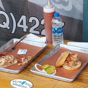 Pulled pork and pulled chicken sandwich.