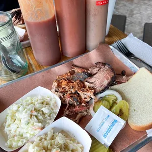Pulled Pork Plate, Sliced Beef Brisket Plate, Creamy Cole Slaw, Vinegar Slaw