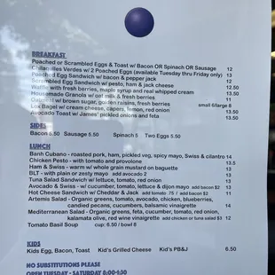 Breakfast and lunch menu at Blue Dot Cafe and Coffee Bar in Alameda.