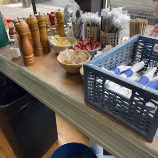 Condiments station at Blue Dot Cafe and Coffee Bar in Alameda.