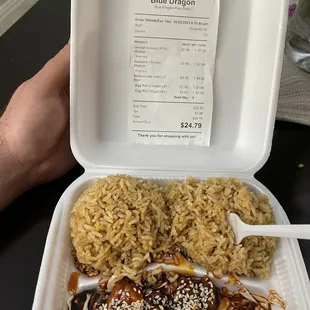 Sesame Chicken and Fried Rice.