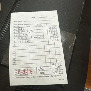 a receipt on a table