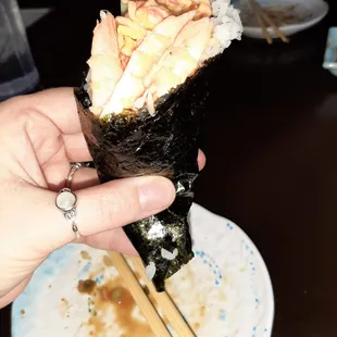 Half filled spicy shrimp handroll