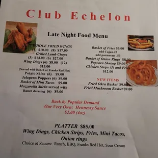 Late night bar menu