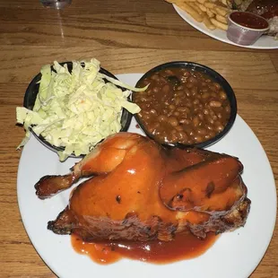 my roasted chicken with baked beans and cole slaw