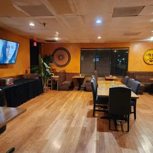 tables and chairs in a restaurant
