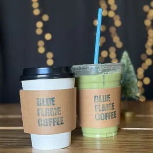 Seasonal winter coffee brew and matcha latte