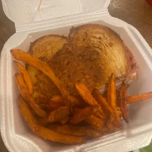 Ham grilled cheese and sweet potato fries