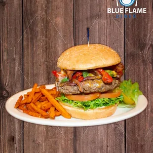 Blue Flame Burger with Sweet Potato Fries