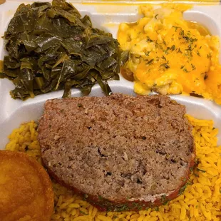 Meatloaf, greens, mac &amp; cheese, yellow rice and cornbread.