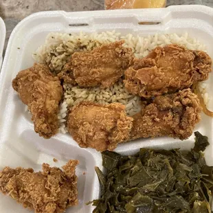 Fried wing lunch special with white rice and collard greens