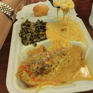 Turkey Wing (In cream of mushroom gravy) Mac and Cheese and Collard Greens