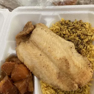 Fry fish lunch special with yellow rice and candy yam