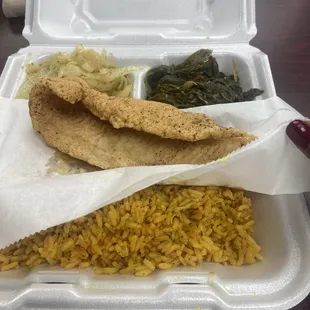 Fried Basa w/ turnip greens, yellow rice and cabbage