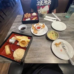 Teriyaki Chicken and Tempura Shrimp Bento box.  Includes 6 pieces of California Roll, White Rice, Egg Roll and Choice of Soup or Salad.
