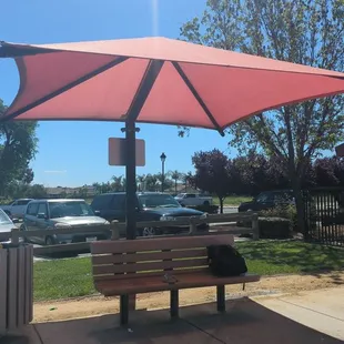 One of the multiple canopies that offer shade and seating