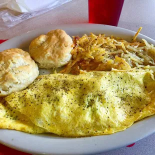 Create your own omelet with hashbrowns and a side of biscuits.