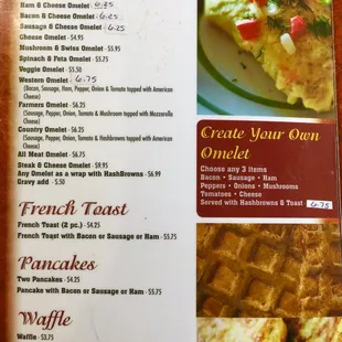Breakfast menu including omelettes.