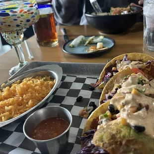 Tempura avocado tacos with Mexican rice