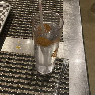 Someone's used glass with leftover lipstick