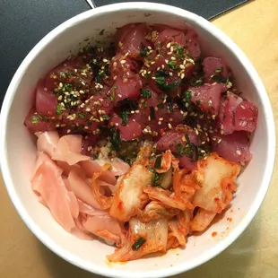Poke bowl with double poke, kim chew, ginger, and gluten-free spicy garlic sauce