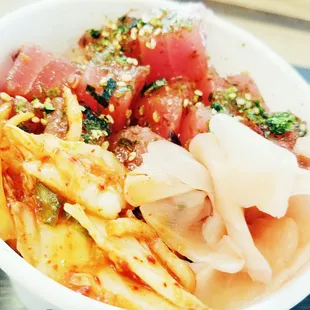 Their well acclaimed POKE BOWL! Mild, Medium, or Spicy sauce. Furikake. Ginger. Kimchee. Over brown rice. $9.86