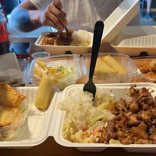 Honolulu chicken, rice, and macaroni salad with appetizers