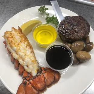 Saturday night special Surf n' Turf, Filet and Lobster Tail. Comes with potatoe, soup and salad!
