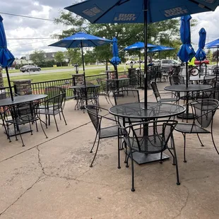 tables and umbrellas outside